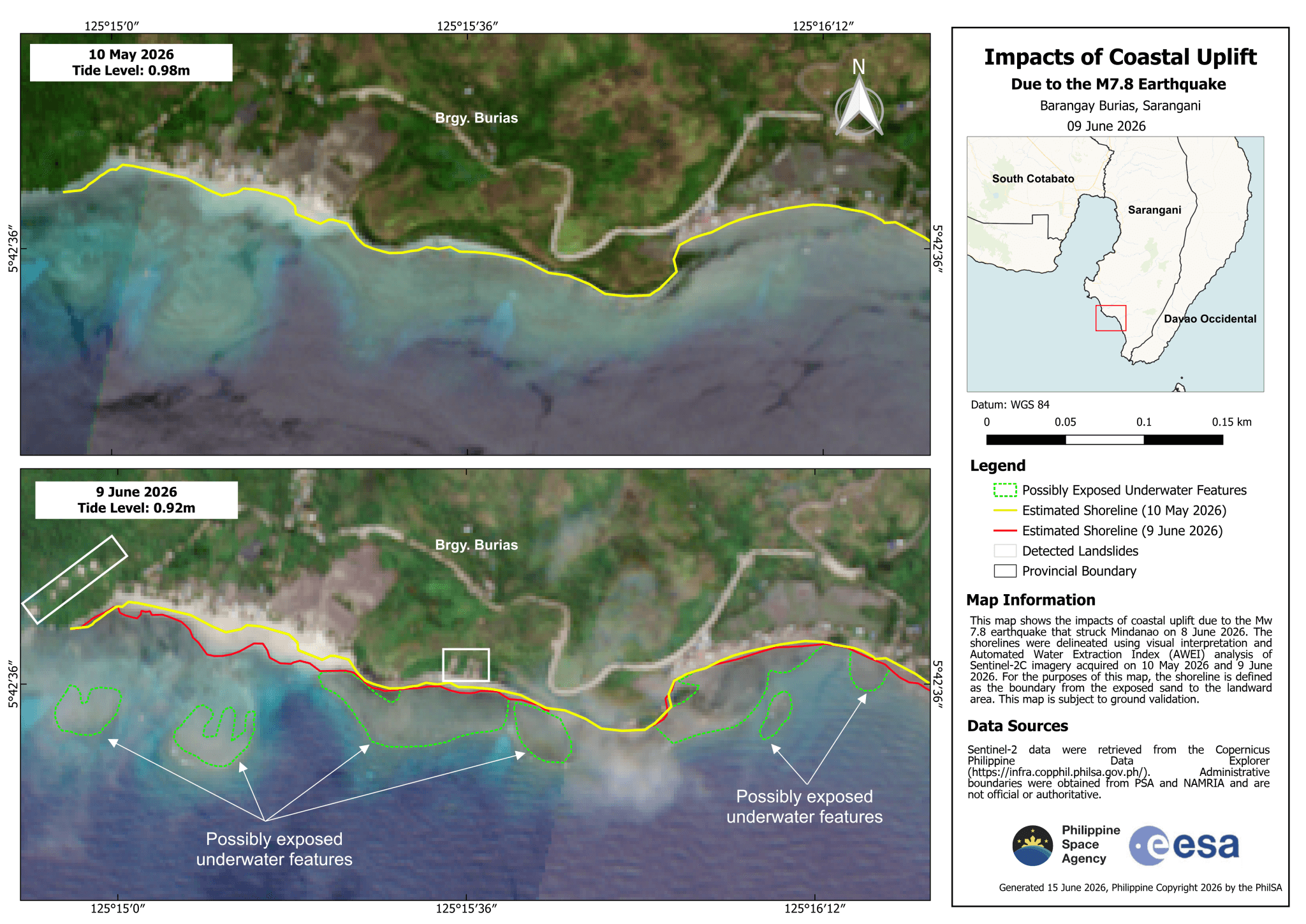The impact of the coastal uplift in Barangay Burias, Sarangani, following the powerful June 8, 2026 earthquake (Photo Credit : Philippine Space Agency)
