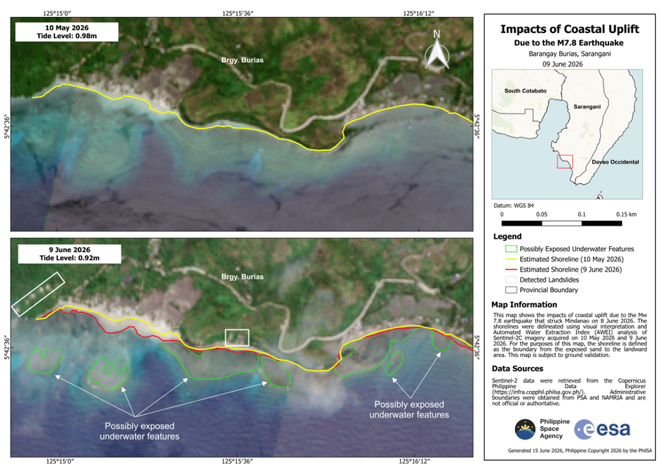 The impact of the coastal uplift in Barangay Burias, Sarangani, following the powerful June 8, 2026 earthquake (Photo Credit : Philippine Space Agency)