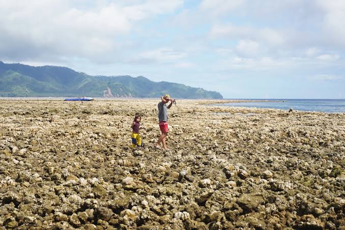 Residents walk across a newly exposed shoreline after coastal uplift (Photo Credit: Ferdinandh Cabrera)