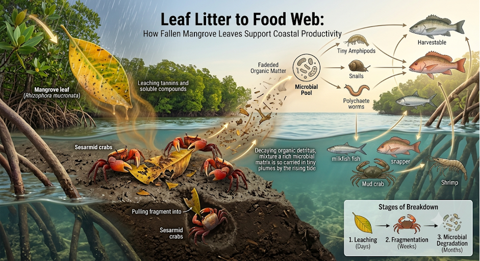 An overview of the mangrove detritus food web (Photo Credit : Generated by Gemini/AI Visuals)
